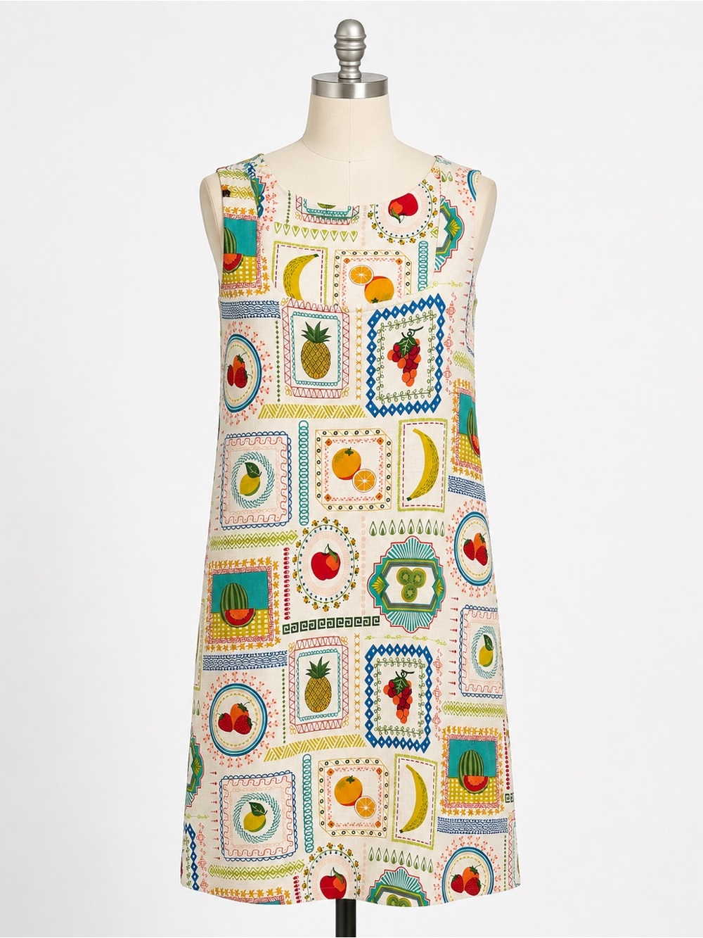 Jane + Delancey Fruit Print Shift Dress Women L Sleeveless Retro with pockets.